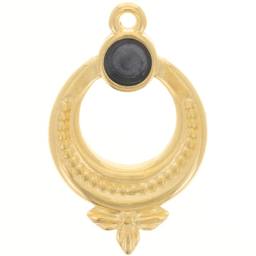 15mm Textured ethnic pendant with vitrail epoxy resin - Fine Gold Plated -Black x1