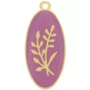 27x13mm Oval pendant flower pattern - epoxy resin - Fine Gold plated - Plum x1