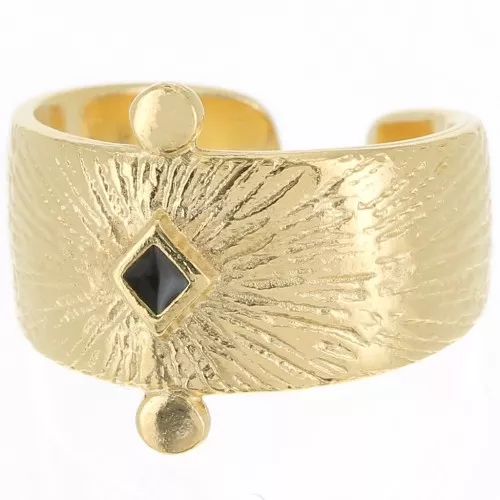 Large ethnic ring - epoxy resin - Size 54 - Fine Gold plated - Black x1