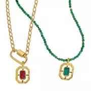 21x13mm Textured octagon epoxy resin pendant - Fine Gold plated - Green x1