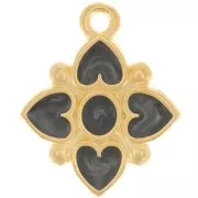 17.5x14mm Flower heart-shaped pendant with resin - Fine Gold plated - black x1