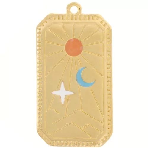 33x17mm Rectangle pendant sun & moon pattern - epoxy resin - Fine Gold plated x1