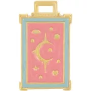 30x18mm Rectangle pendant moon & star pattern - Fine gold plated - pink x1