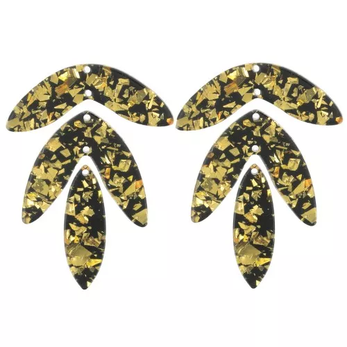 62x4 mm acetate Set of 6 leaf pendants - to assemble - Gold glitter - Black x1