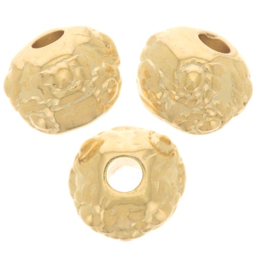 6mm Flattened round beads flower pattern - Fine Gold plated x5