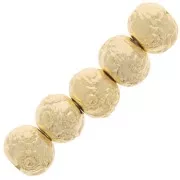 6mm Flattened round beads flower pattern - Fine Gold plated x5