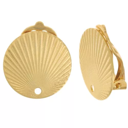15mm Round pleated effect earclips with a hole - Fine gold plated x2