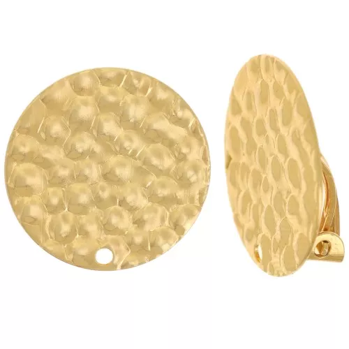 18mm round hammered Earclips with a hole - Fine Gold plated x2