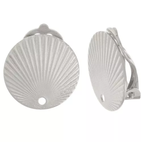 15mm Round pleated effect earclips with a hole - Fine Silver plated x2