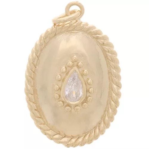 24x16mm Rope Effect Zirconium Oxide Pendant - 3 Microns Gold Plated - Crystal x1