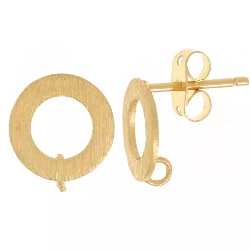 10mm Brushed effect hollow circle earstuds with open ring - Fine Gold Plated x2