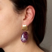 15mm Brushed effect trapeze earstuds with open ring - Gold Tone x2