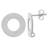 16mm Brushed effect hollow circle earstuds with open ring - Silver Tone x2