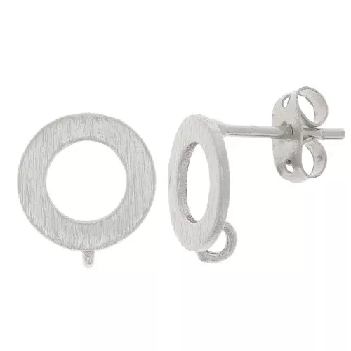 10mm Brushed effect hollow circle earstuds with open ring - Silver Tone x2