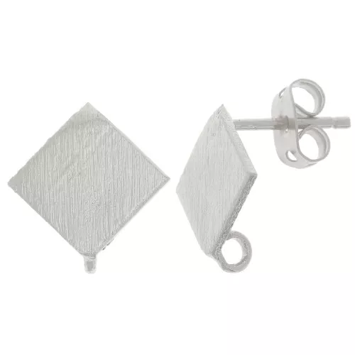 13mm Brushed Effect Diamond EarStuds with Open Hoop - Silver Tone x2
