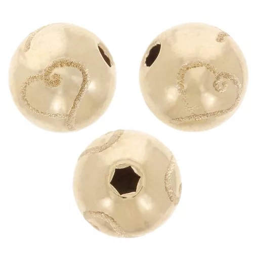 8mm Round bead with engraved diamond effect heart pattern - Gold filled x1