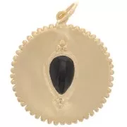 19mm serrated medal pendant - gemstone - Black Onyx - 3 microns gold plated x1