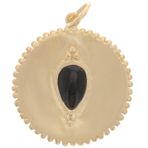19mm serrated medal pendant - gemstone - Black Onyx - 3 microns gold plated x1