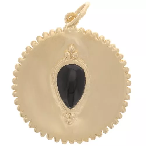 19mm serrated medal pendant - gemstone - Black Onyx - 3 microns gold plated x1