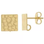 10mm Square Hammered EarStuds with Open ring - Fine Gold Plated x2