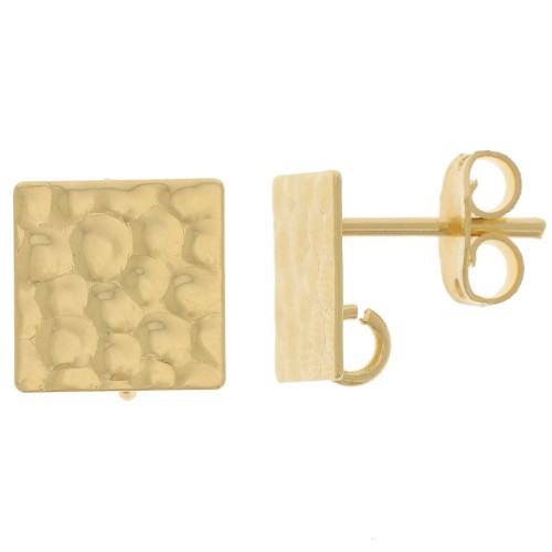 10mm Square Hammered EarStuds with Open ring - Fine Gold Plated x2