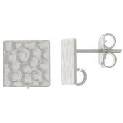 10mm Square Hammered EarStuds with Open ring - Fine Silver Plated x2|raw }}