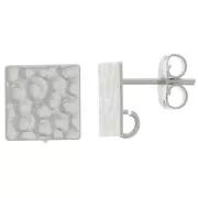 10mm Square Hammered EarStuds with Open ring - Fine Silver Plated x2