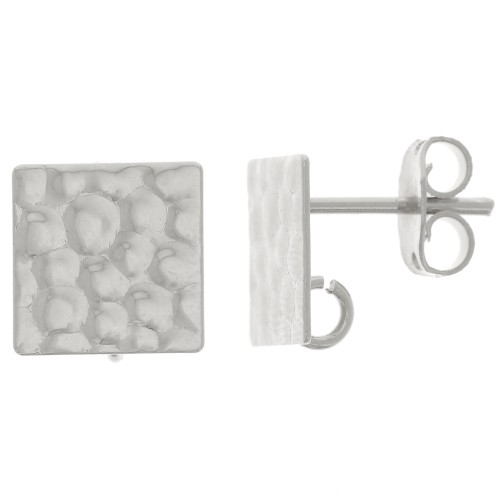 10mm Square Hammered EarStuds with Open ring - Fine Silver Plated x2