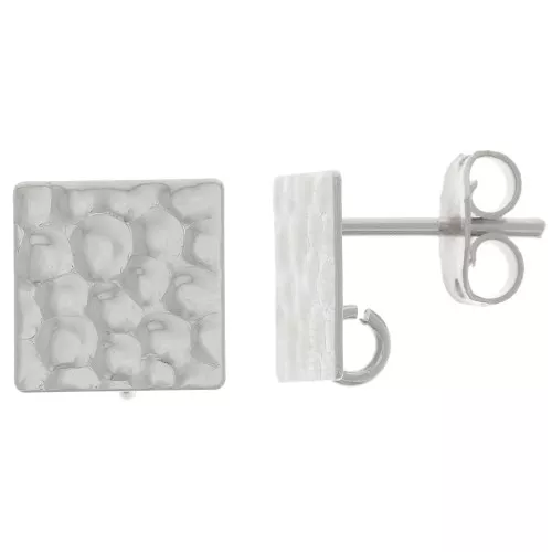 10mm Square Hammered EarStuds with Open ring - Fine Silver Plated x2