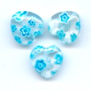 Millefiori hearts 10mm Crystal Aquamarine flowers  x5