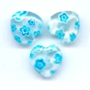 Millefiori hearts 10mm Crystal Aquamarine flowers  x5