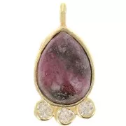 14x7mm 925 silver drop Pendant - gem & zirconium oxides - Rhodonite - Gold x1