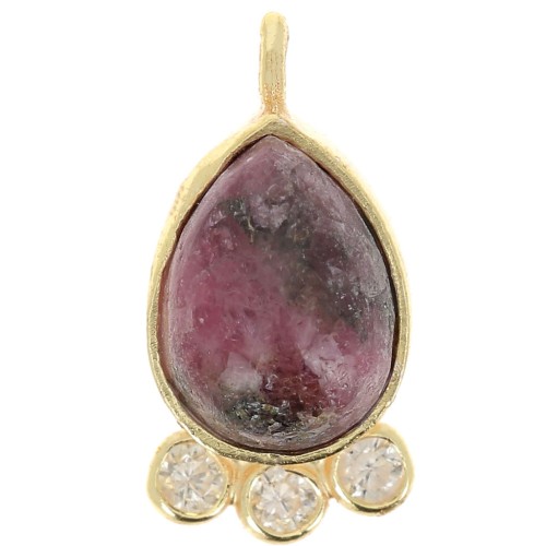 14x7mm 925 silver drop Pendant - gem & zirconium oxides - Rhodonite - Gold x1