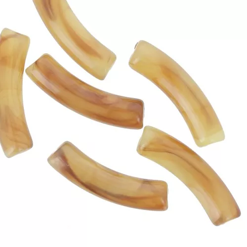 32x8mm Curved tube beads in transparent Acrylic - marbled Brown x6