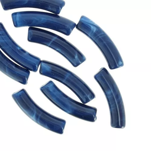 32x8 mm curved tube beads in opaque acrylic - Marbled Medium Blue x6