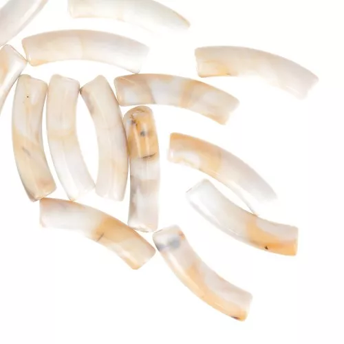 32x8 mm curved tube beads in opaque acrylic - Marbled Beige - Brown x6