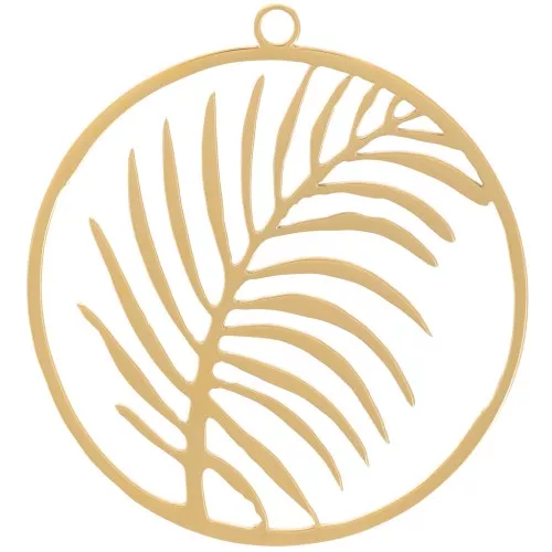 30mm Stainless steel 316L Round pendant - leaf pattern - Gold Tone x1