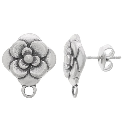 16x14mm Flower Ear Studs - Antique Silver Tone x2