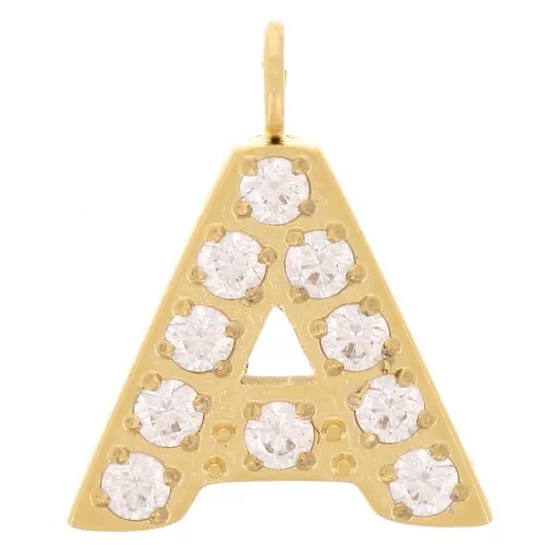 13mm St. steel 316L letter alphabet Charm with Zirconium oxides - A - GOLD x1