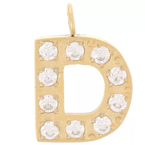 13mm St. steel 316L letter alphabet Charm with Zirconium oxides - D - GOLD x1