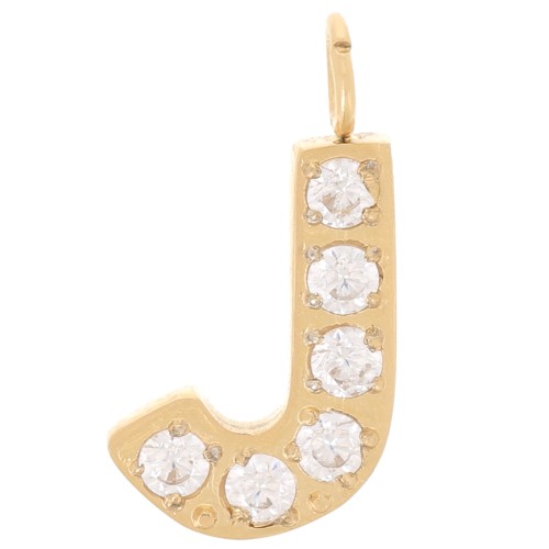 13mm St. steel 316L letter alphabet Charm with Zirconium oxides - J - GOLD x1
