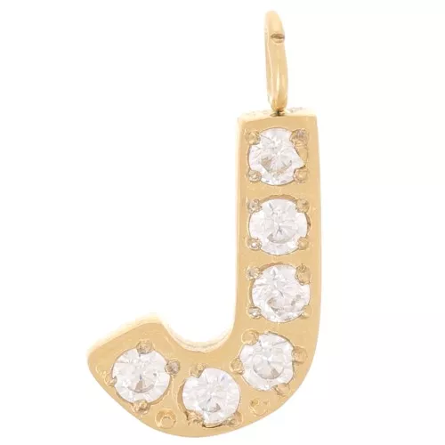 13mm St. steel 316L letter alphabet Charm with Zirconium oxides - J - GOLD x1