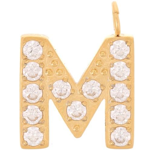 13mm St. steel 316L letter alphabet Charm with Zirconium oxides - M - GOLD x1
