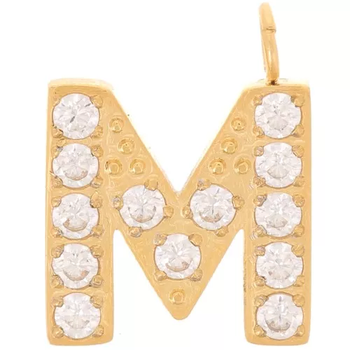 13mm St. steel 316L letter alphabet Charm with Zirconium oxides - M - GOLD x1