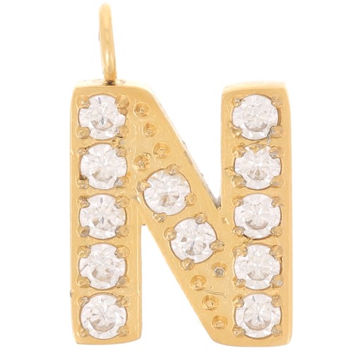 13mm St. steel 316L letter alphabet Charm with Zirconium oxides - N - GOLD x1