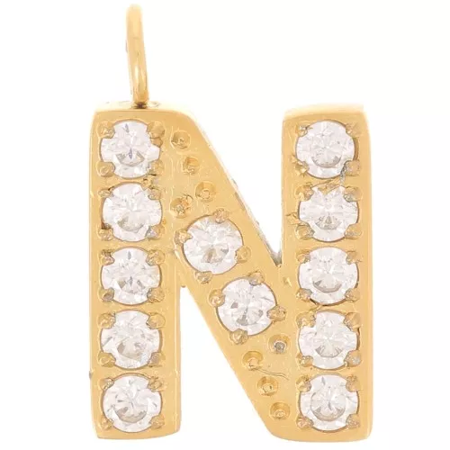 13mm St. steel 316L letter alphabet Charm with Zirconium oxides - N - GOLD x1