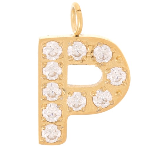 13mm St. steel 316L letter alphabet Charm with Zirconium oxides - P - GOLD x1