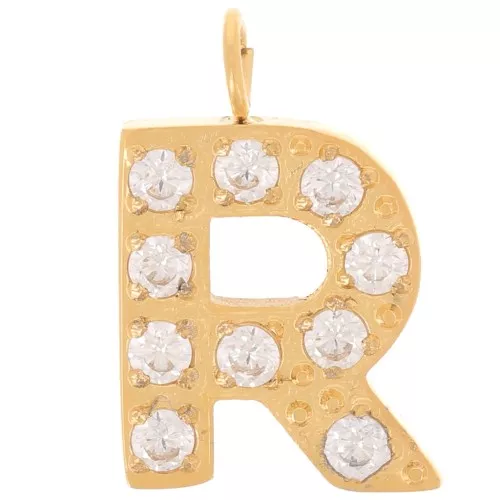 13mm St. steel 316L letter alphabet Charm with Zirconium oxides - R - GOLD x1