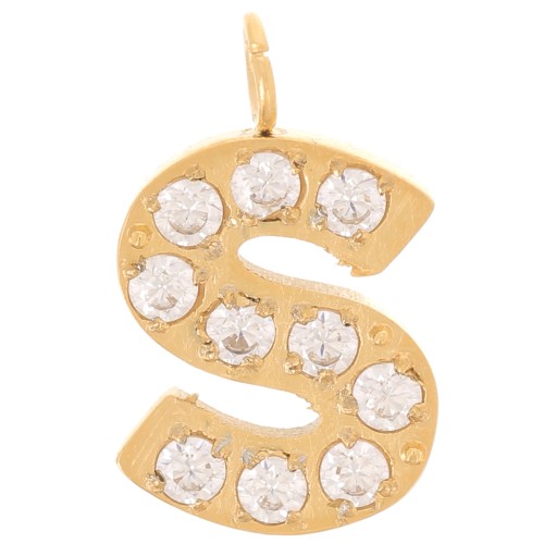 13mm St. steel 316L letter alphabet Charm with Zirconium oxides - S - GOLD x1