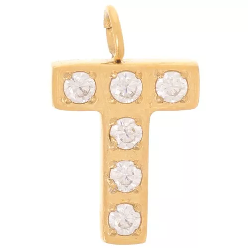 13mm St. steel 316L letter alphabet Charm with Zirconium oxides - T - GOLD x1